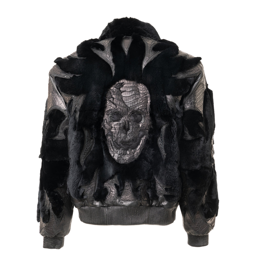 Sculpted Skull Bomber in Leather & Rex Fur