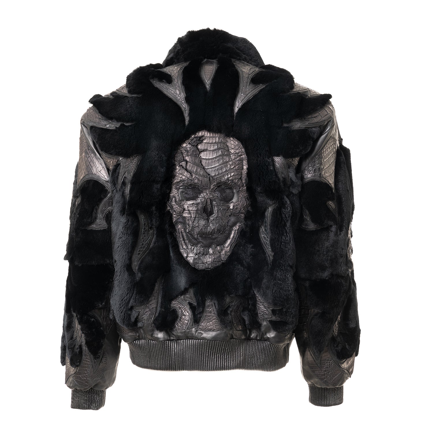 Sculpted Skull Bomber in Leather & Rex Fur