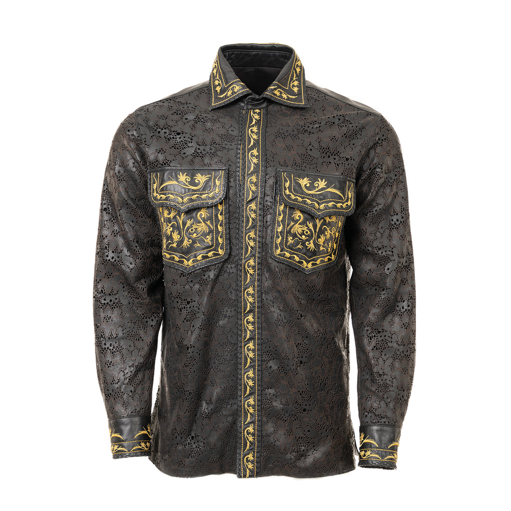 Laser-Cut Leather Shirt with Embroidered Detailing