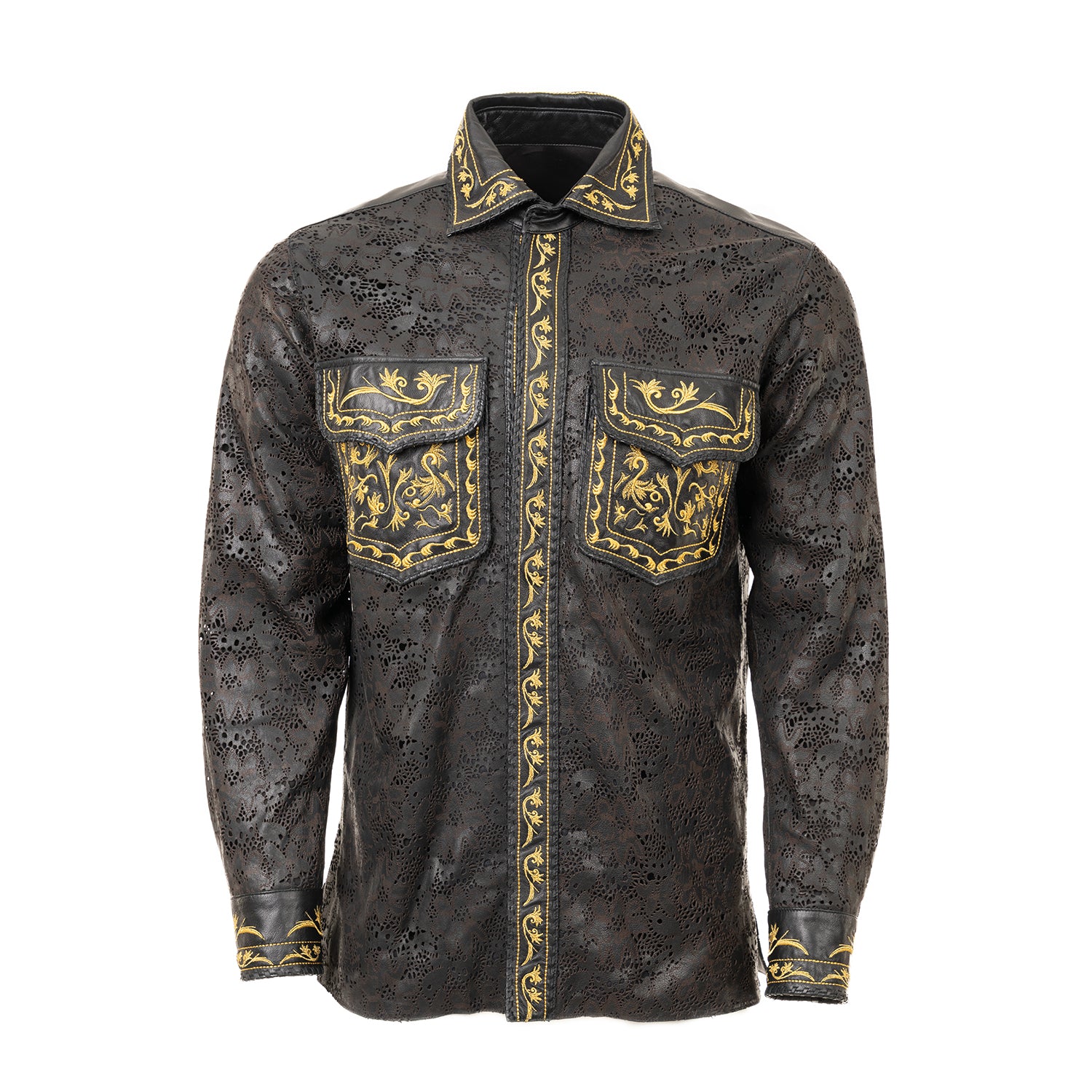 Laser-Cut Leather Shirt with Embroidered Detailing
