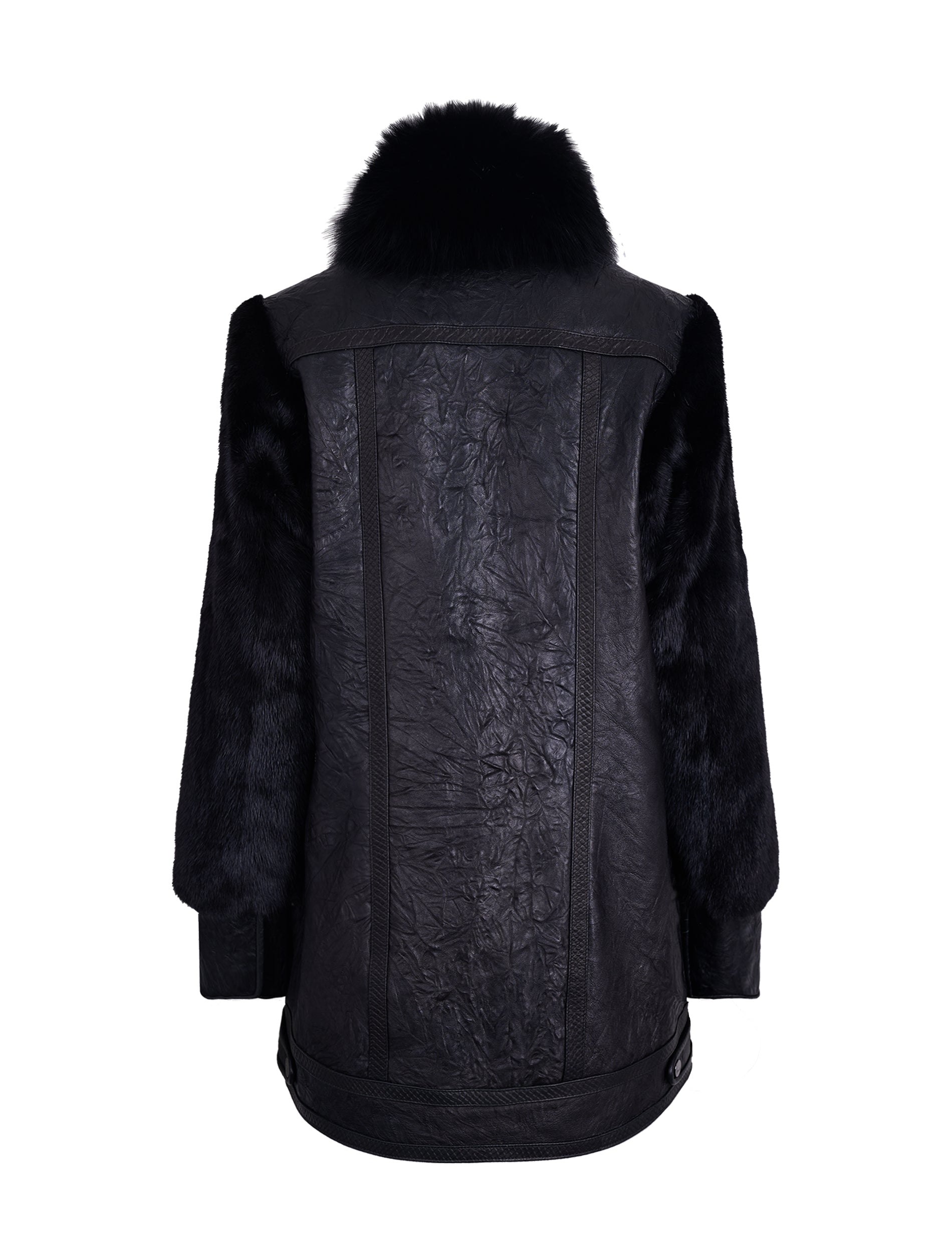Textured Leather Coat with Mink Collar and Sleeves