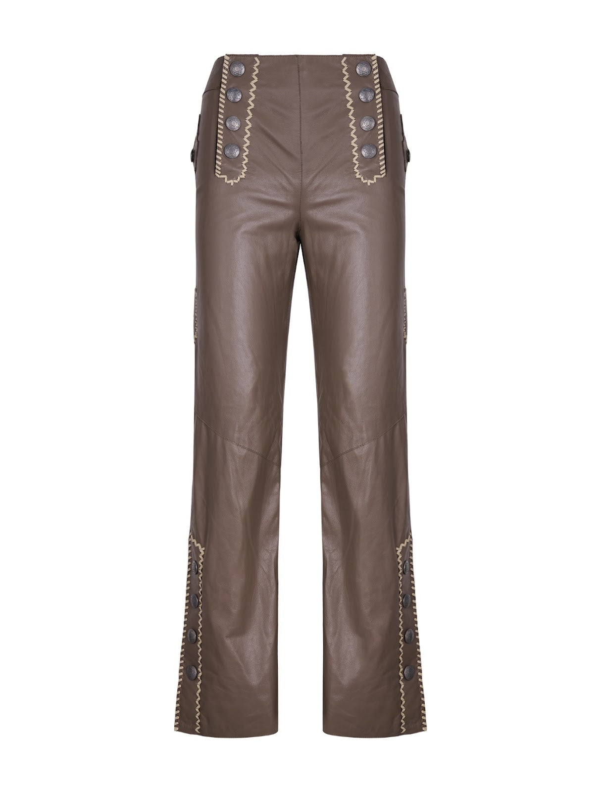 Brown Leather Pants with Contrast Stitching & Button Detailing