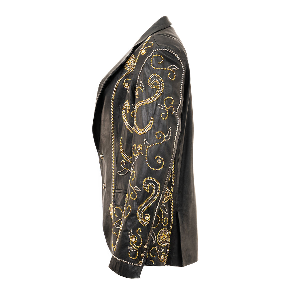 Black Leather Blazer with Metallic & Swarovski Crystal Inlays