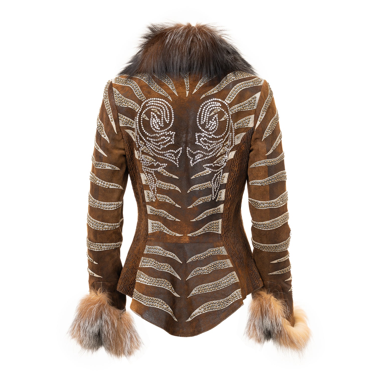 Leather Jacket with Fox Fur Collar, Cuffs & Swarovski Appliqués