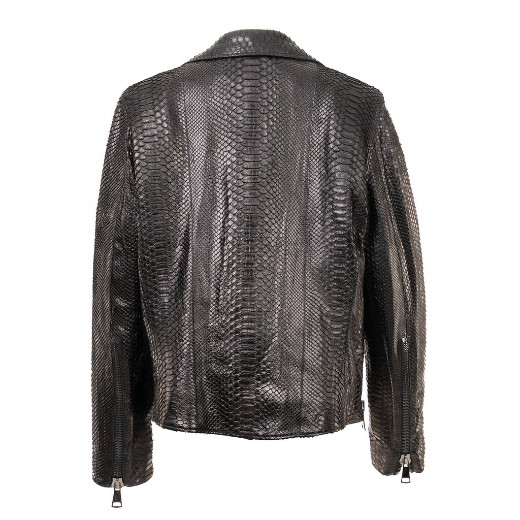 Black Python Leather Jacket with Cross-Zip Closure