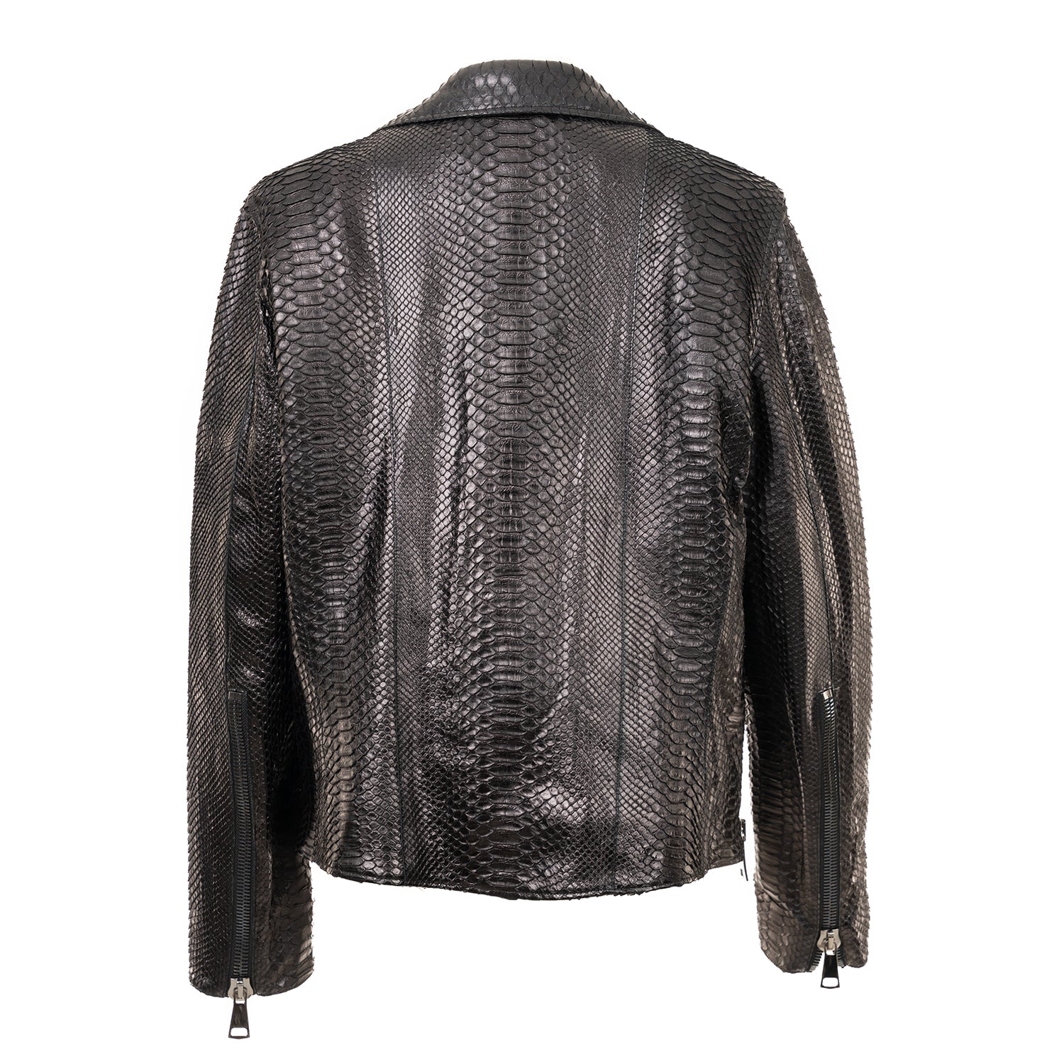 Black Python Leather Jacket with Cross-Zip Closure