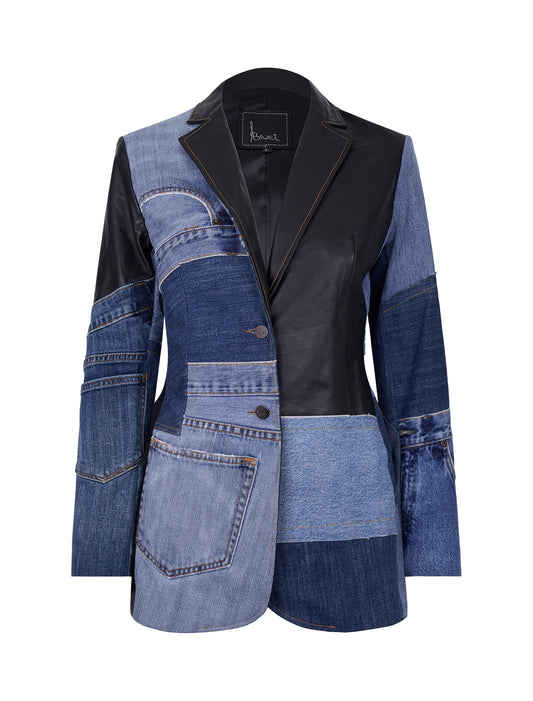 Patchwork Denim and Leather Blazer