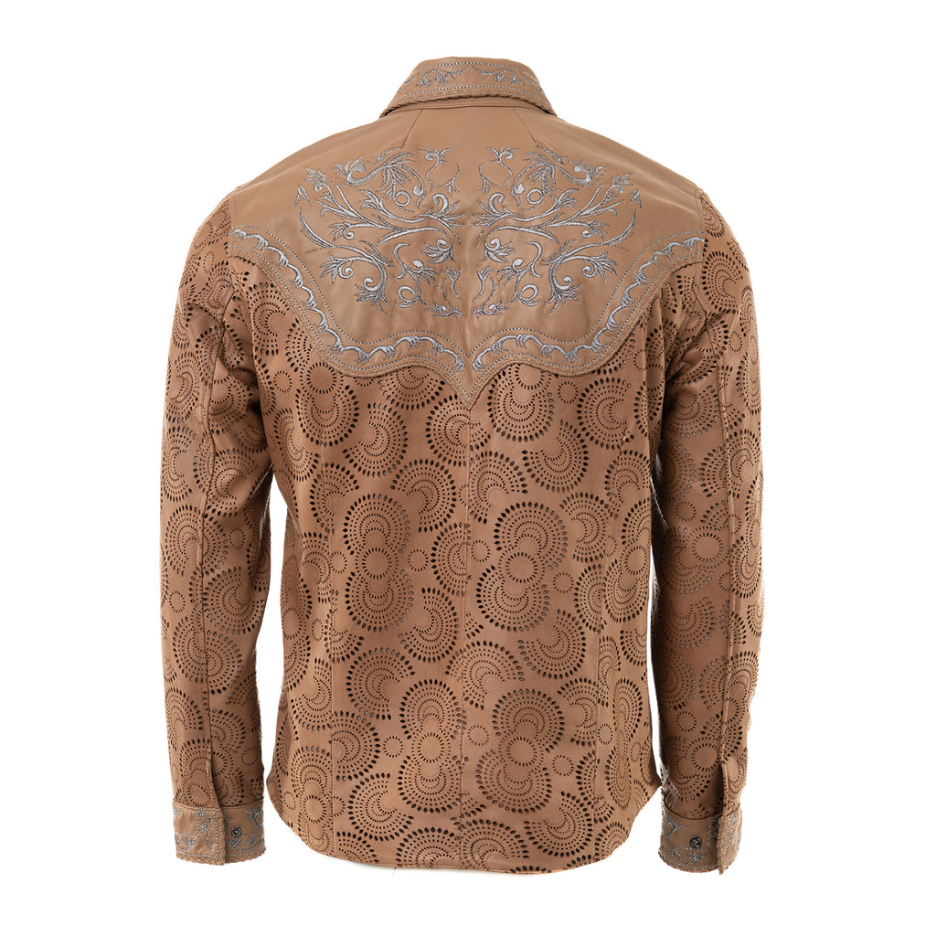 Laser-Cut Lamb Leather Shirt with Silver Embroidery