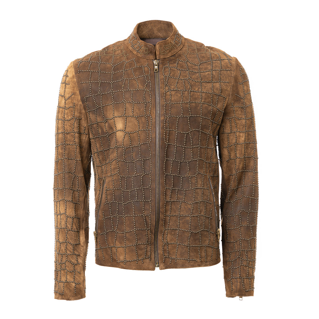 Suede Leather Jacket with Geometric Metallic Inlays