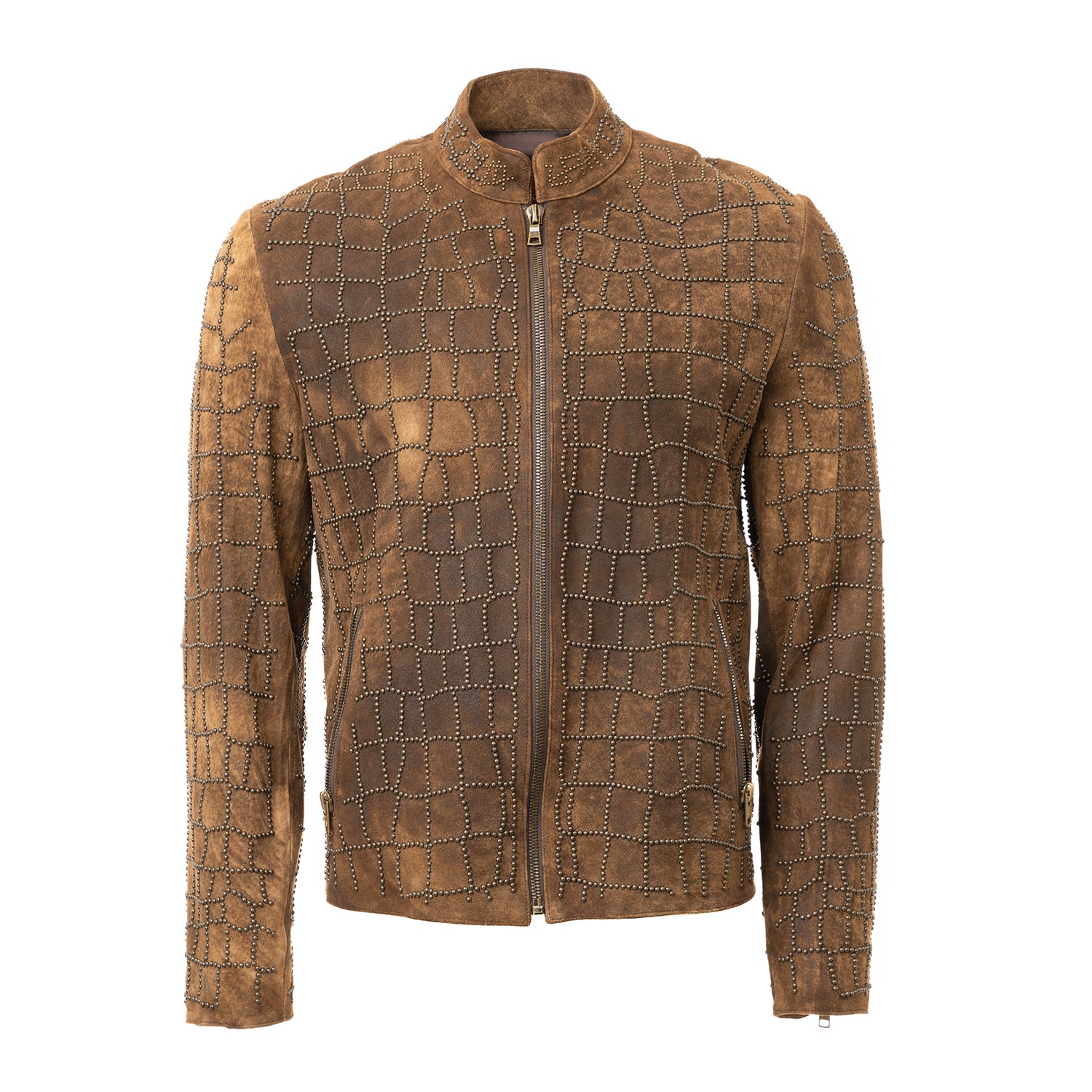 Suede Leather Jacket with Geometric Metallic Inlays