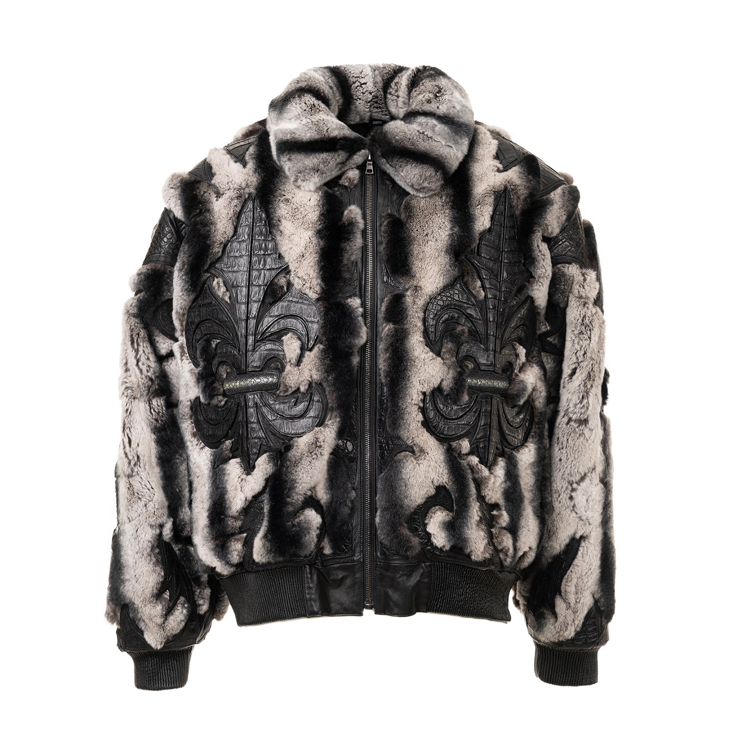 Two-Tone Rabbit Fur Bomber with Sculpted Alligator Leather Accents