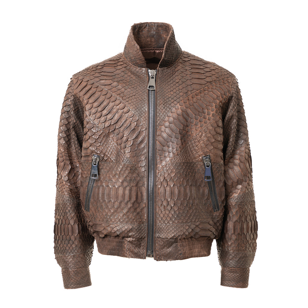 Brown Python Leather Bomber with Oversized Zipper Details