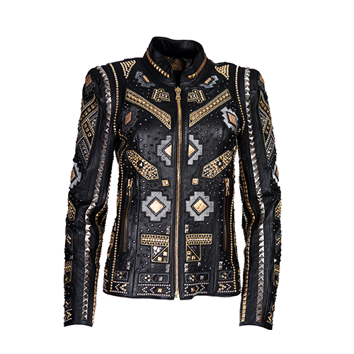 Black leather jacket with gold and silver geometric patterns on a white background