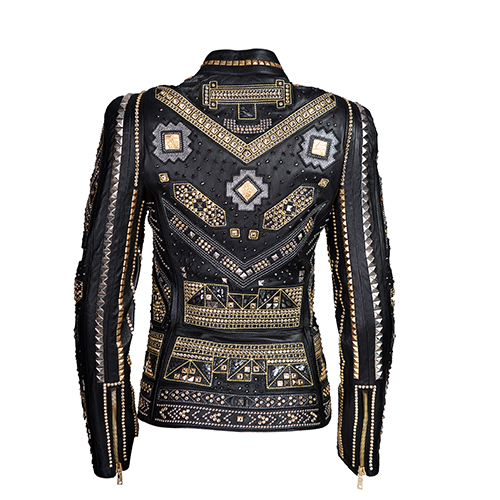Decorative black jacket with gold and silver patterns on a white background