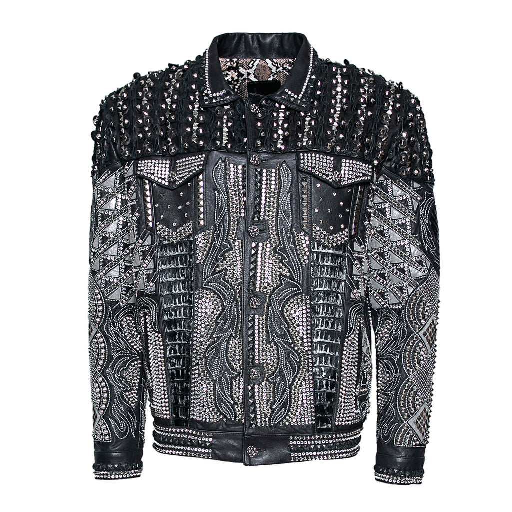 Black Sheepskin Jacket with Swarovski and Metal Detailing