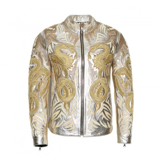 Gold Metallic Sheepskin Jacket with Embroidered Dragon Design