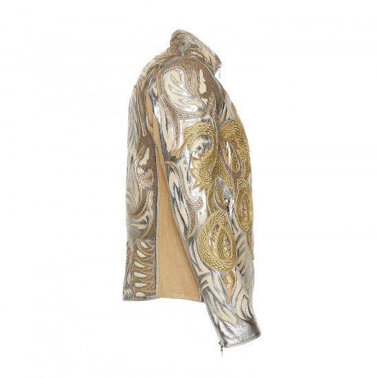 Gold Metallic Sheepskin Jacket with Embroidered Dragon Design