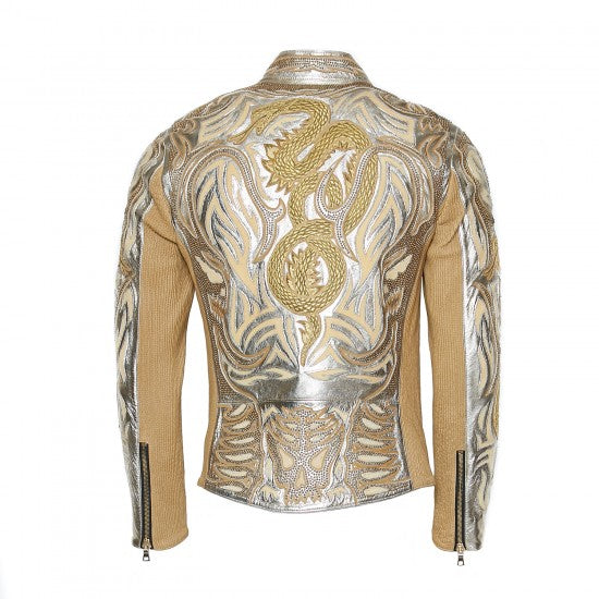 Gold Metallic Sheepskin Jacket with Embroidered Dragon Design