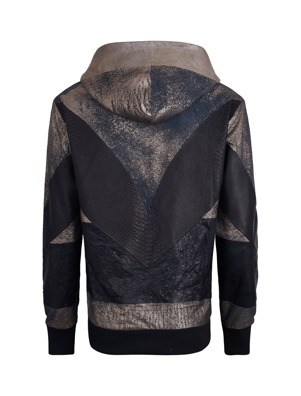 Mixed-Texture Leather Hoodie with Asymmetric Zipper