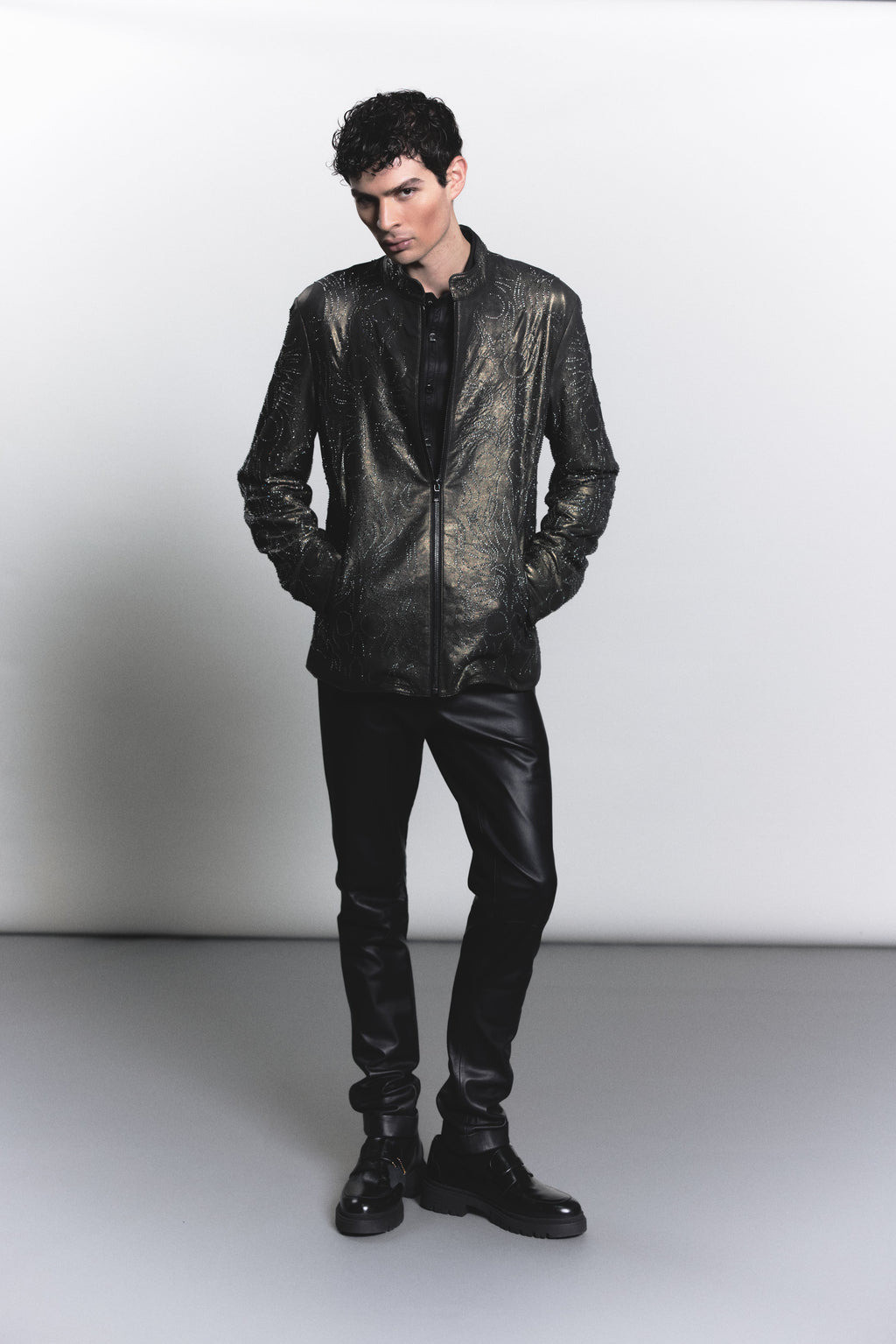 Metallic Leather Jacket with Swarovski Crystal Detailing