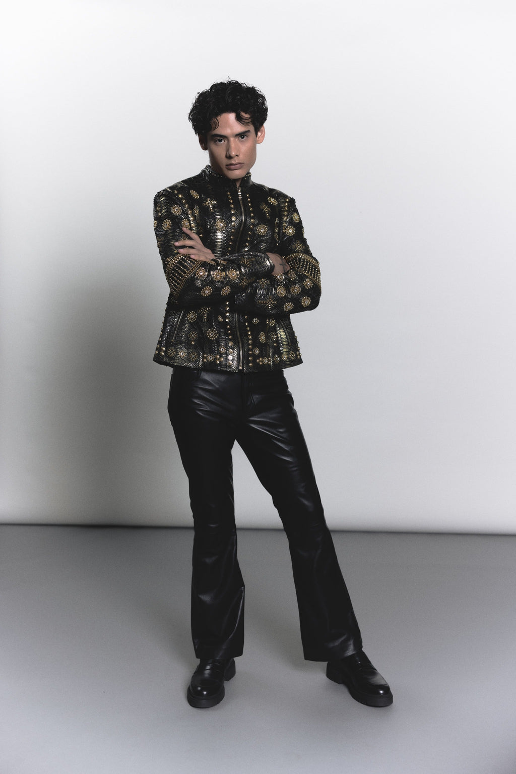 Python Leather Jacket with Gold Metal & Swarovski Inlays