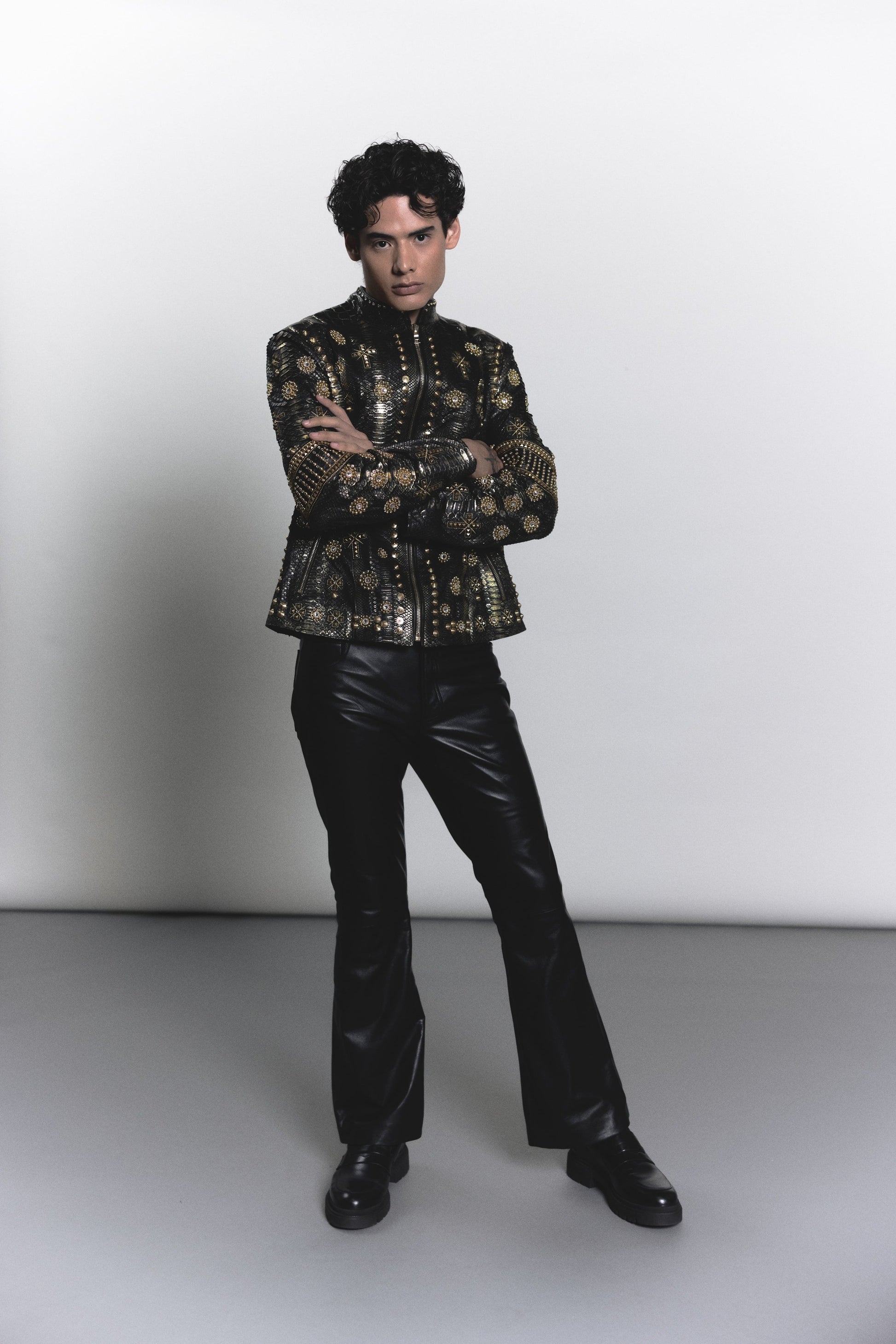 Python Leather Jacket with Gold Metal & Swarovski Inlays