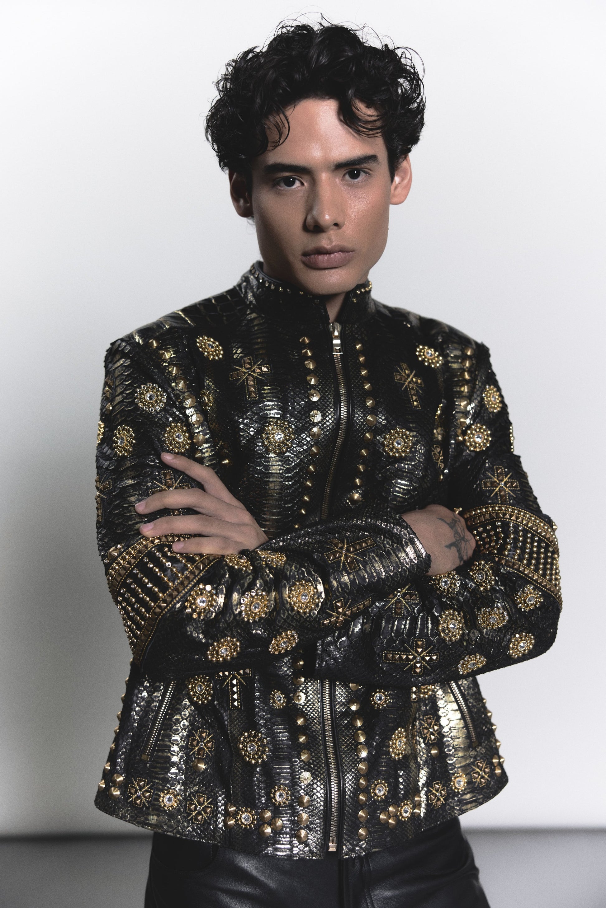 Python Leather Jacket with Gold Metal & Swarovski Inlays