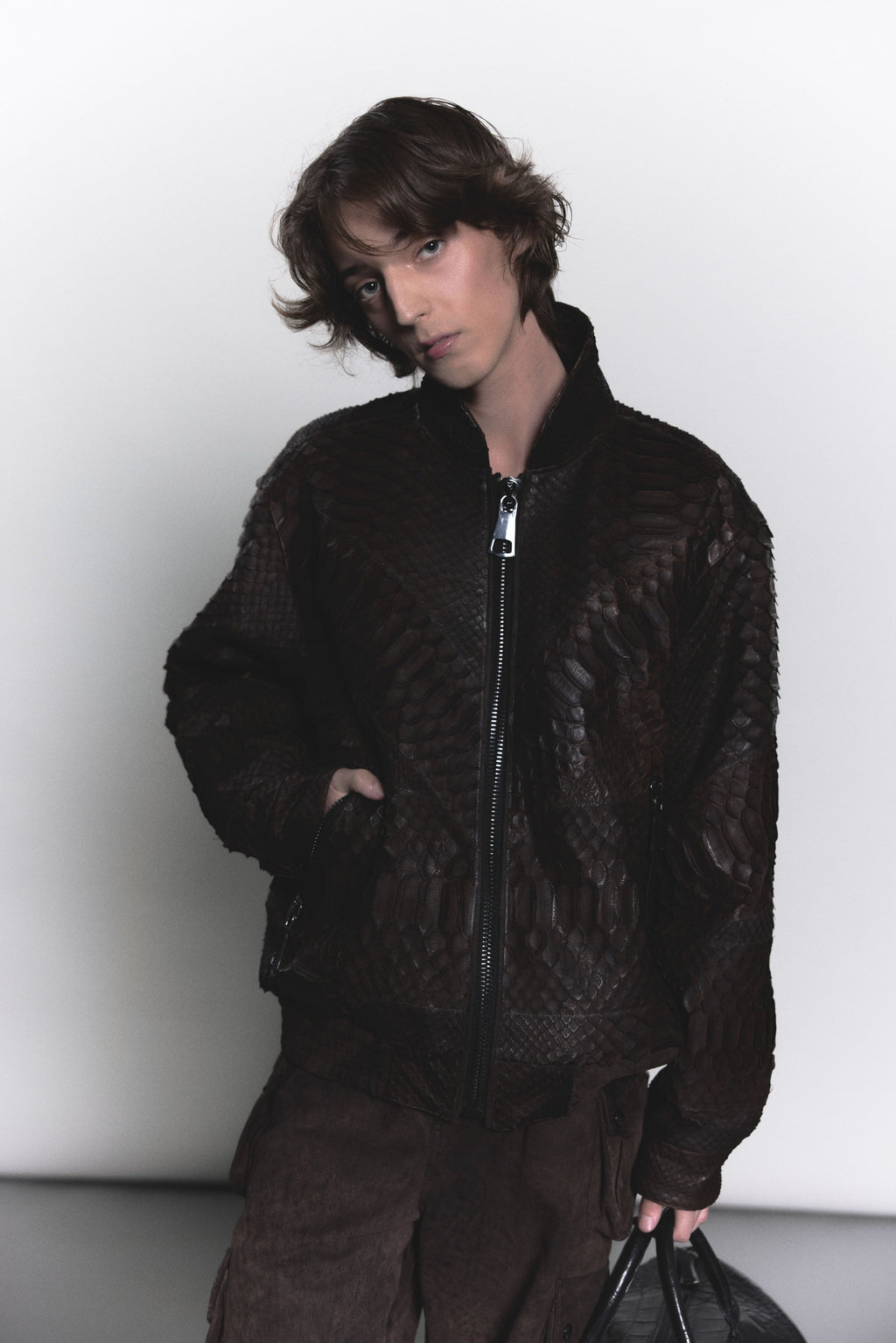Brown Python Leather Bomber with Oversized Zipper Details