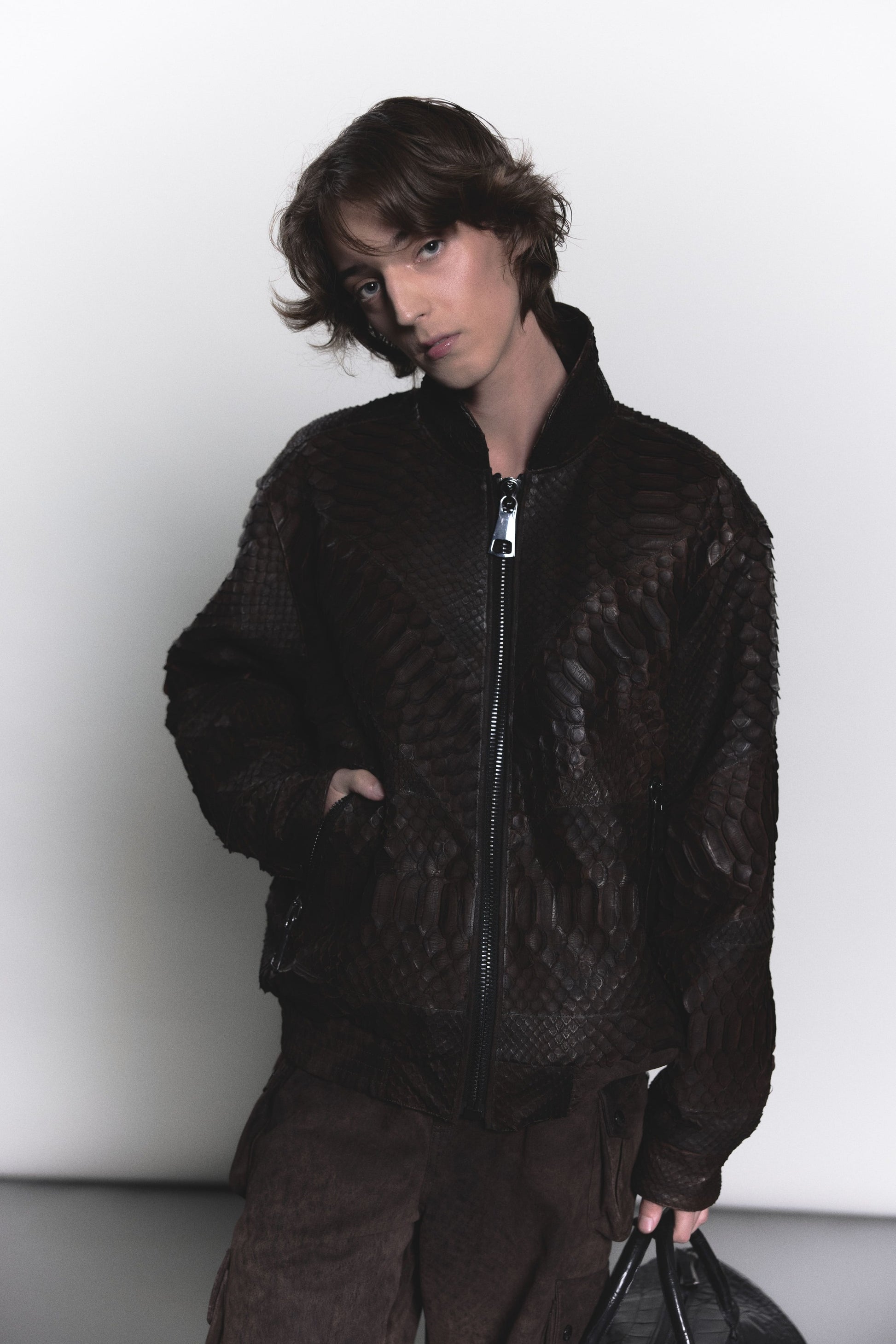 Brown Python Leather Bomber with Oversized Zipper Details