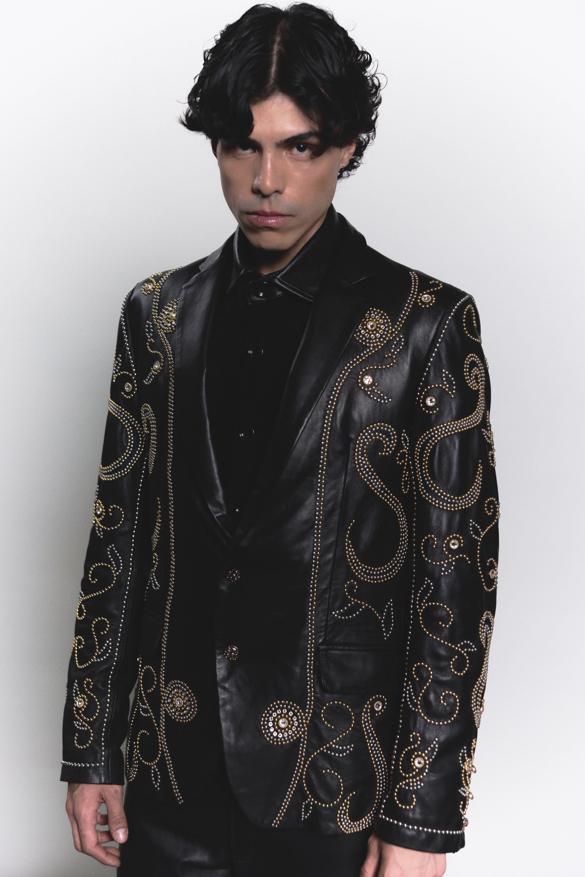 Black Leather Blazer with Metallic & Swarovski Crystal Inlays