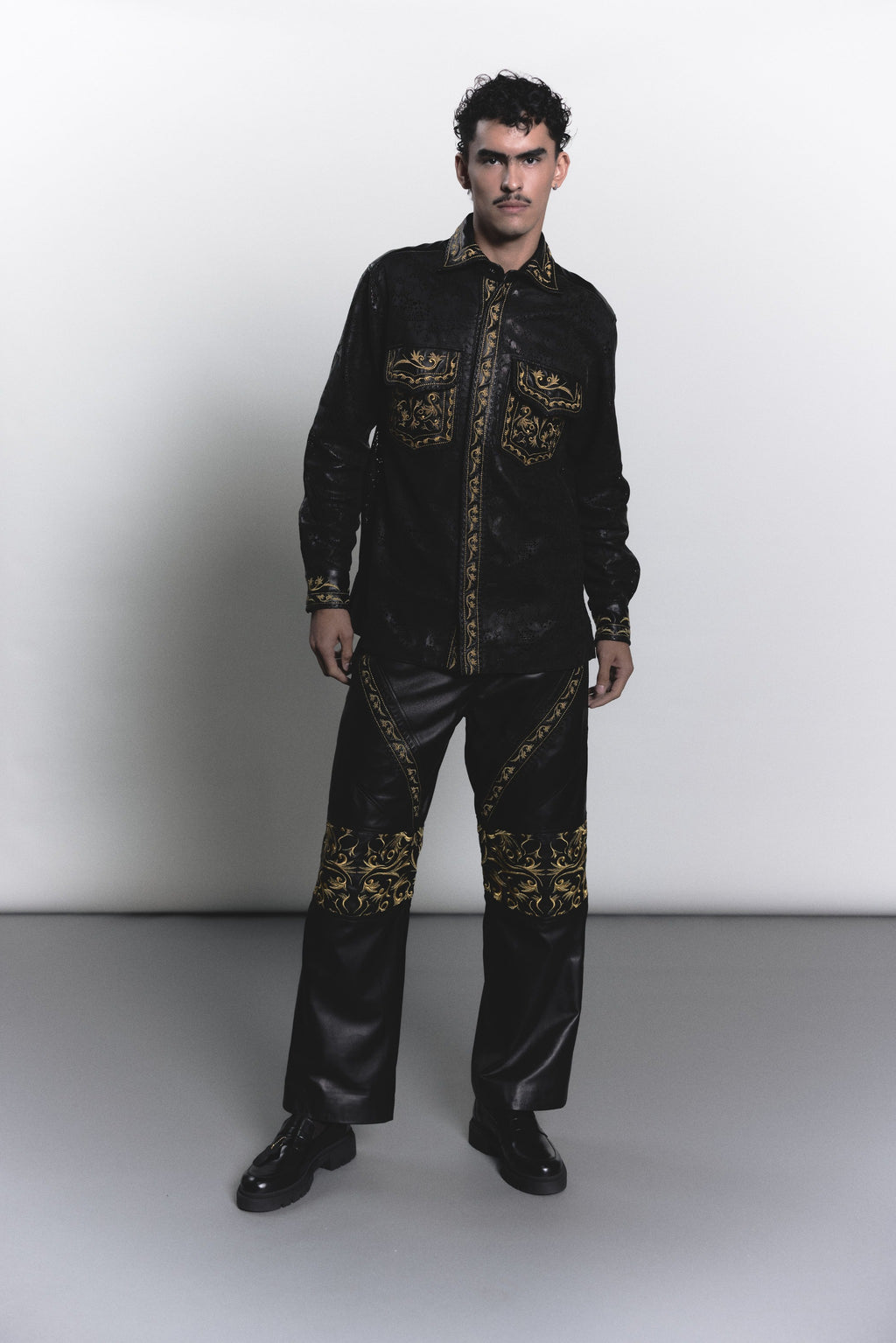 Laser-Cut Leather Shirt with Embroidered Detailing
