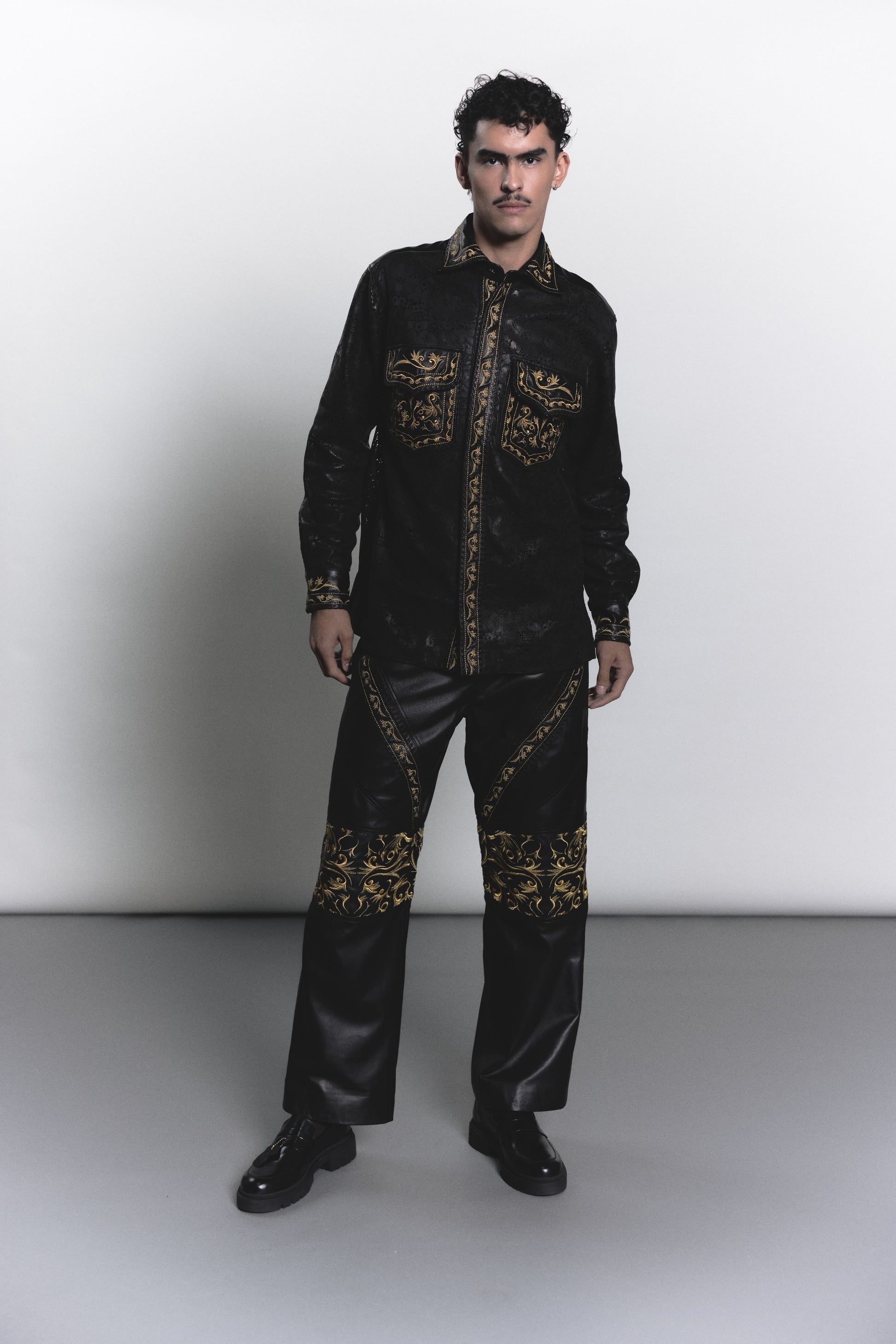 Laser-Cut Leather Shirt with Embroidered Detailing