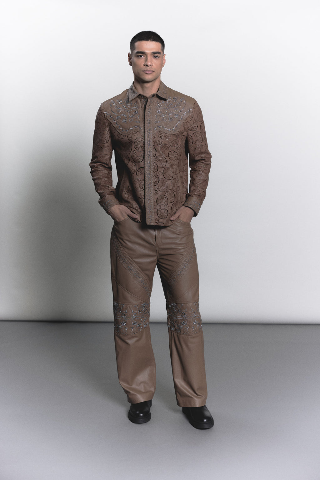 Laser-Cut Lamb Leather Shirt with Silver Embroidery