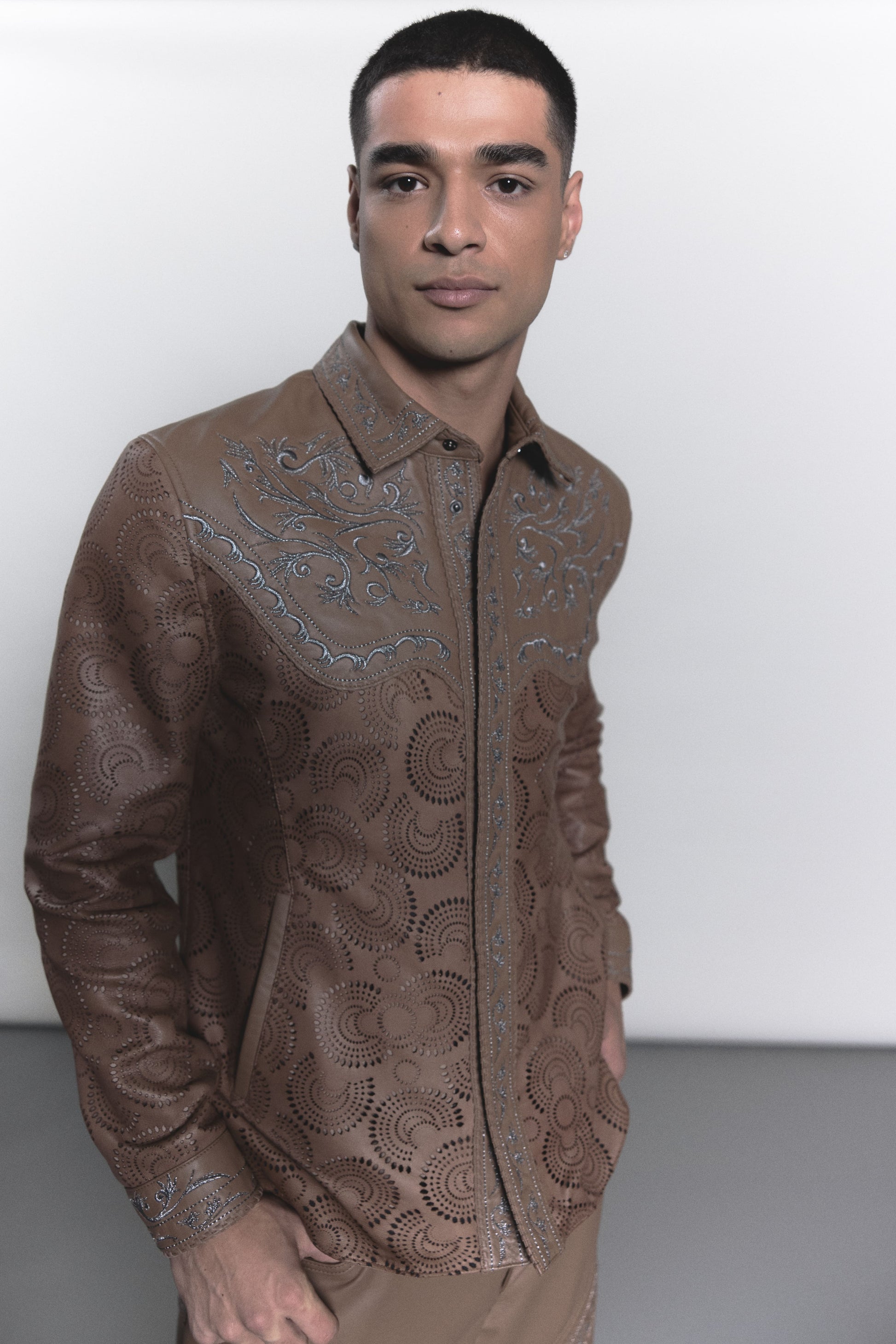 Laser-Cut Lamb Leather Shirt with Silver Embroidery