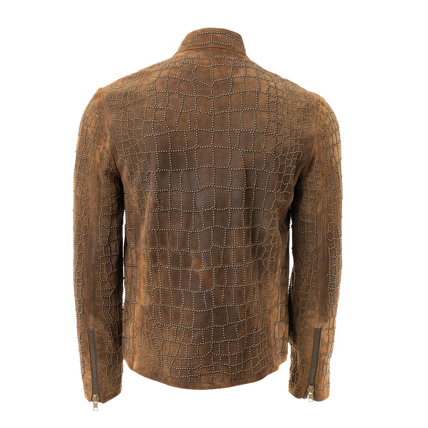 Suede Leather Jacket with Geometric Metallic Inlays