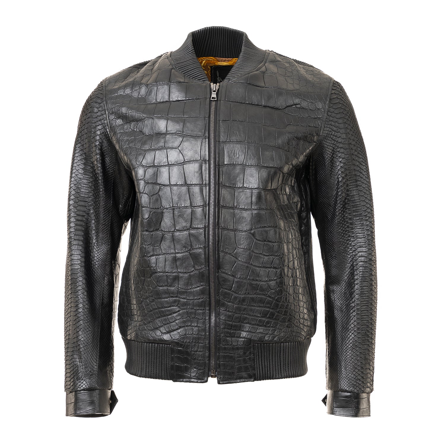 Black Lizard Leather Jacket with Python Sleeves