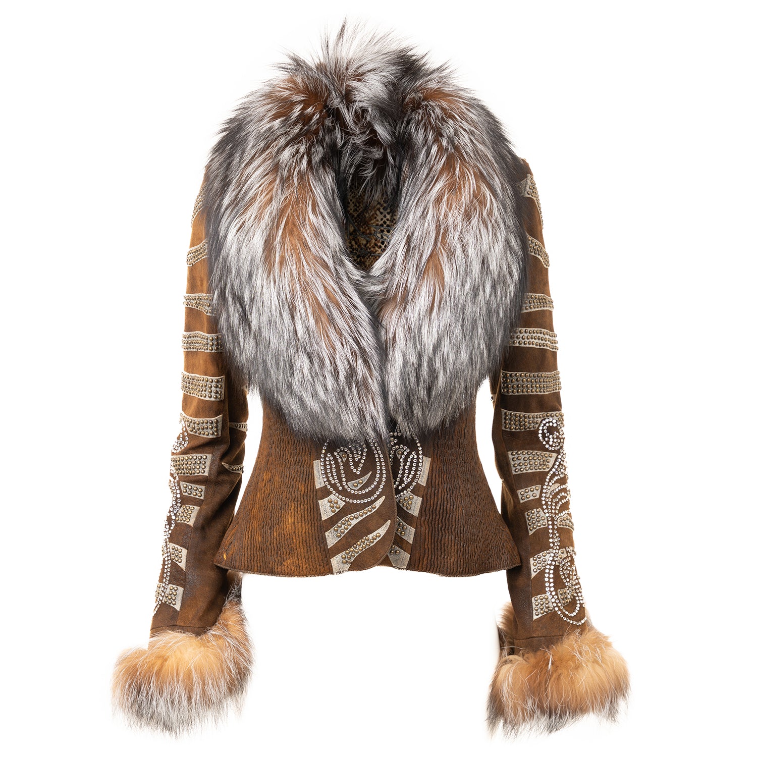 Leather Jacket with Fox Fur Collar, Cuffs & Swarovski Appliqués