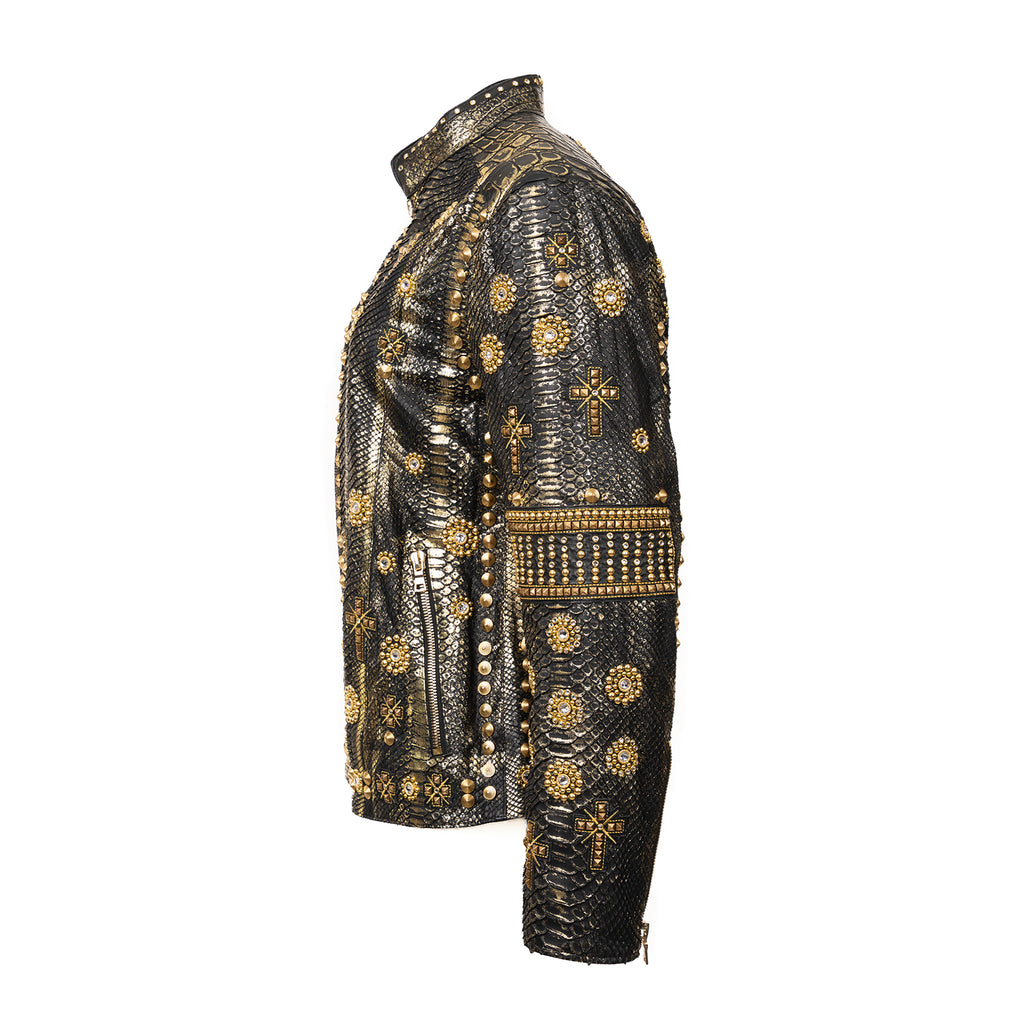 Python Leather Jacket with Gold Metal & Swarovski Inlays