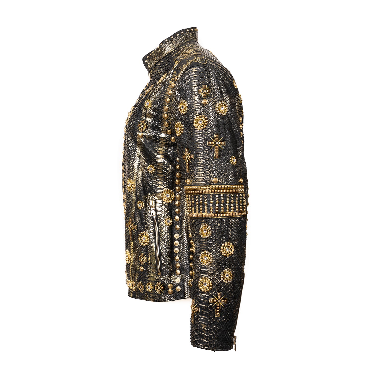 Python Leather Jacket with Gold Metal & Swarovski Inlays