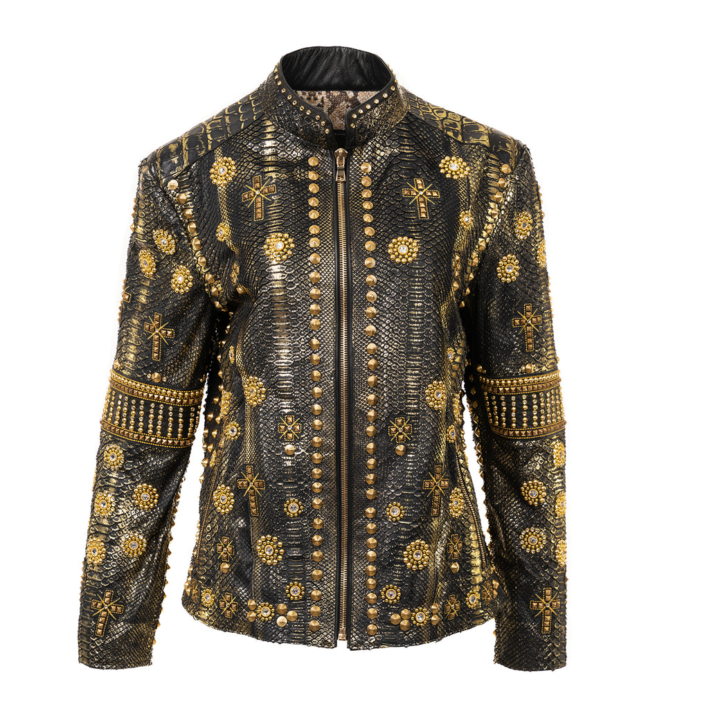 Python Leather Jacket with Gold Metal & Swarovski Inlays