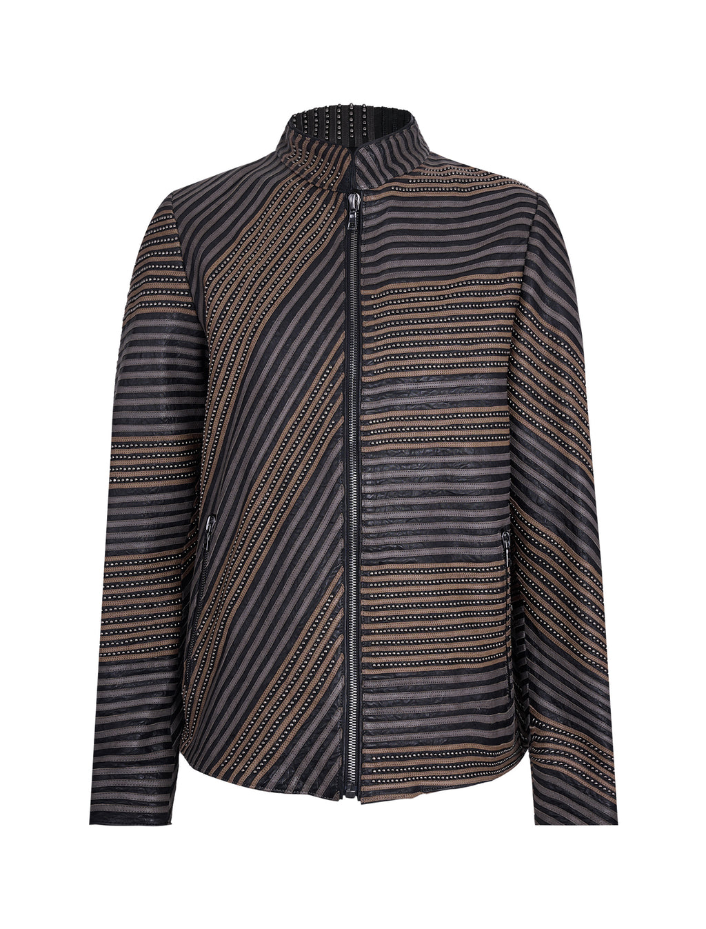 Striped Leather Zip Jacket