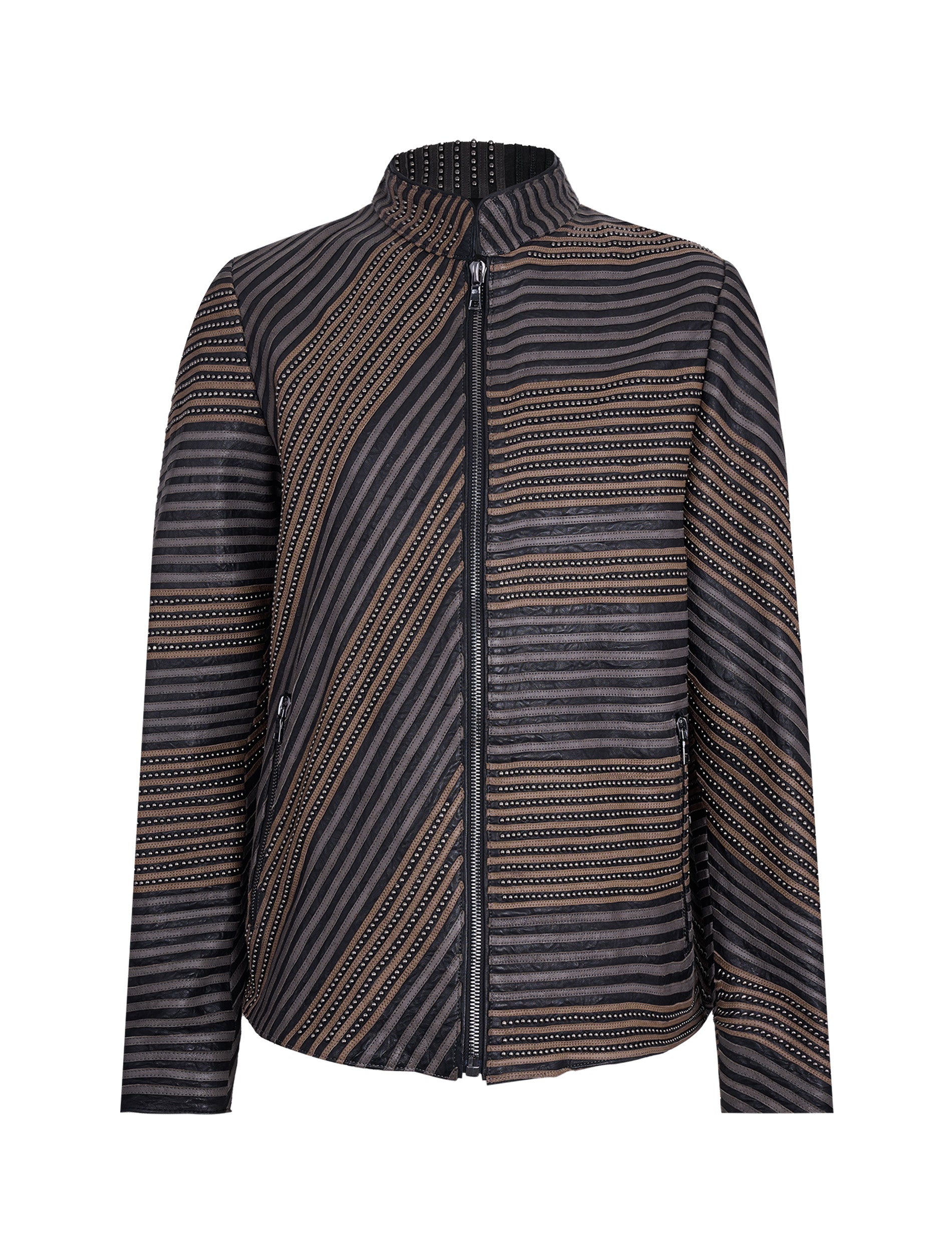 Striped Leather Zip Jacket