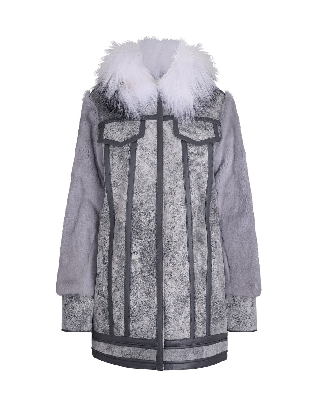 Textured Leather Coat with Mink Collar and Sleeves