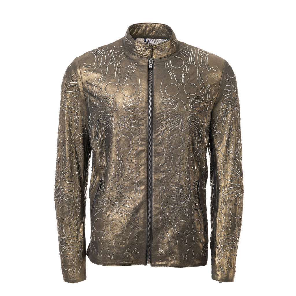 Metallic Leather Jacket with Swarovski Crystal Detailing