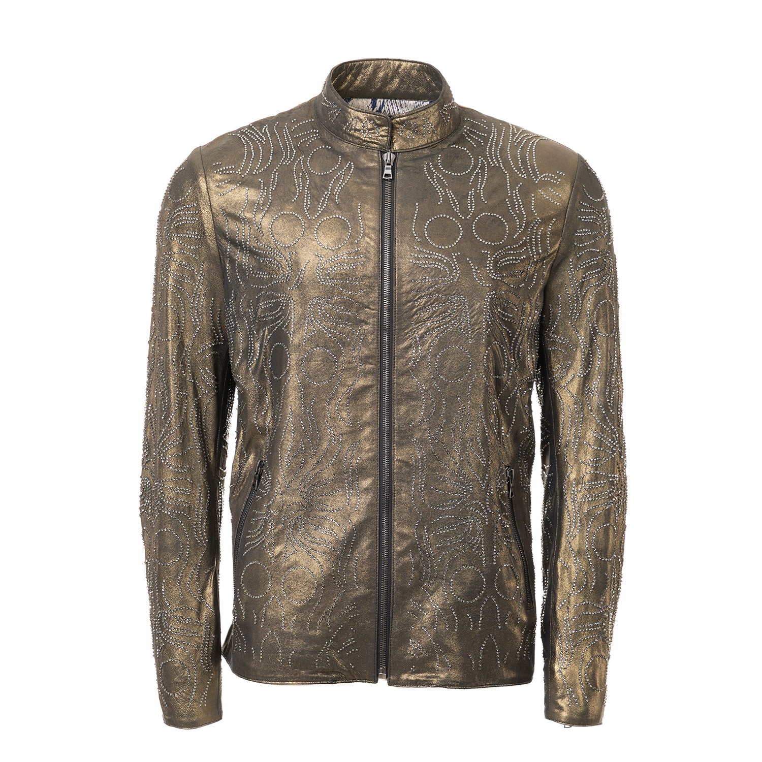 Metallic Leather Jacket with Swarovski Crystal Detailing