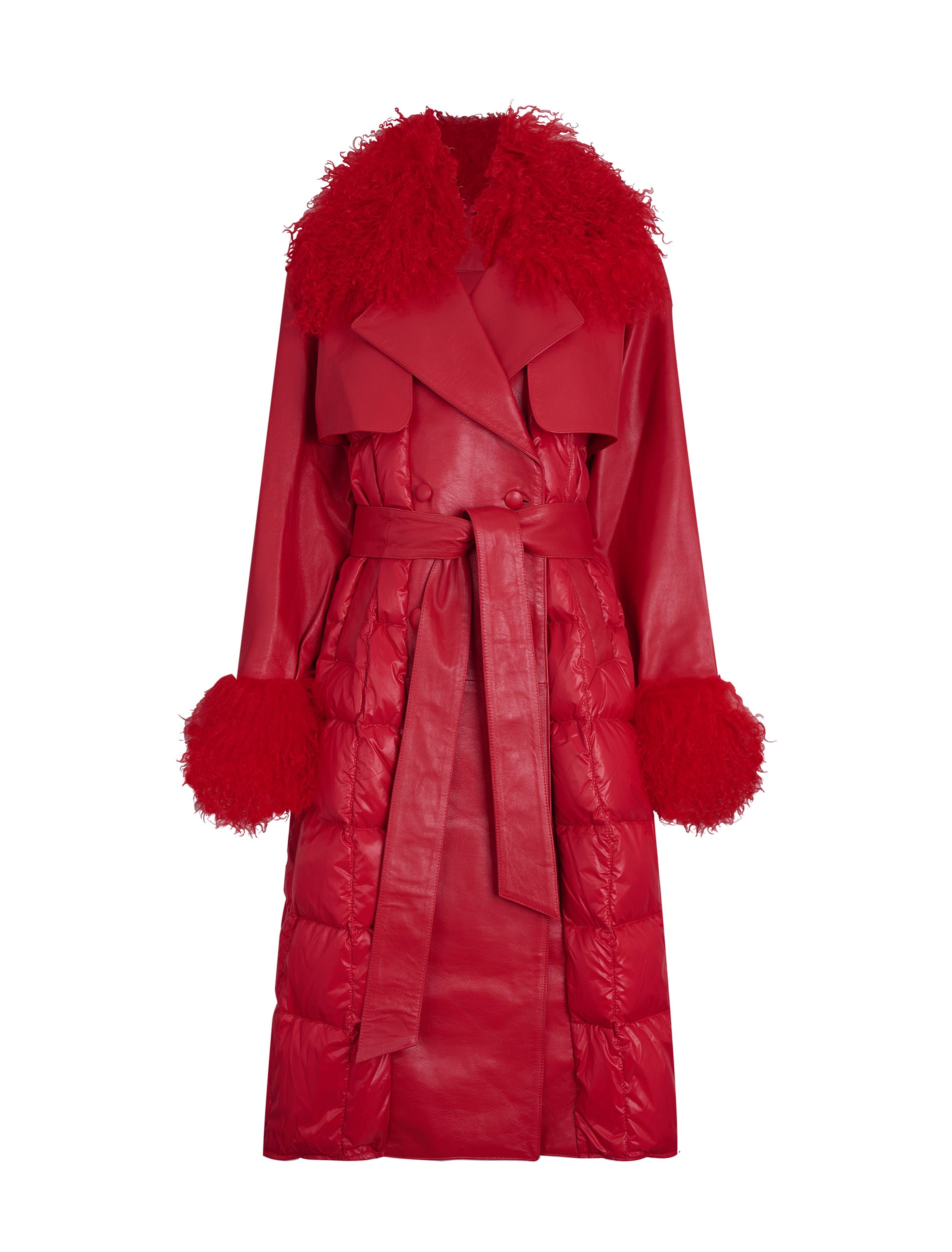 Leather Trench Coat with Mongolian Lamb Collar