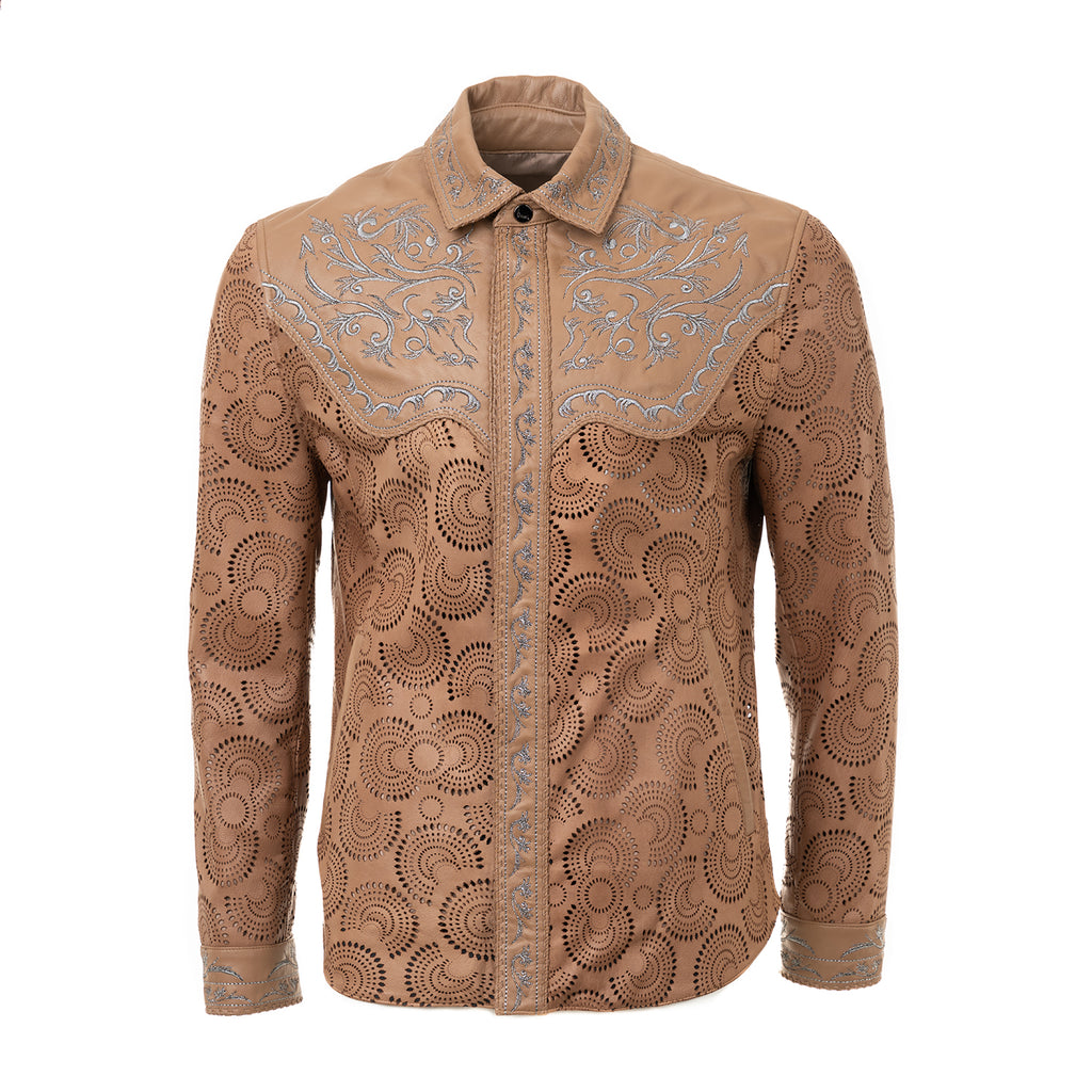 Laser-Cut Lamb Leather Shirt with Silver Embroidery