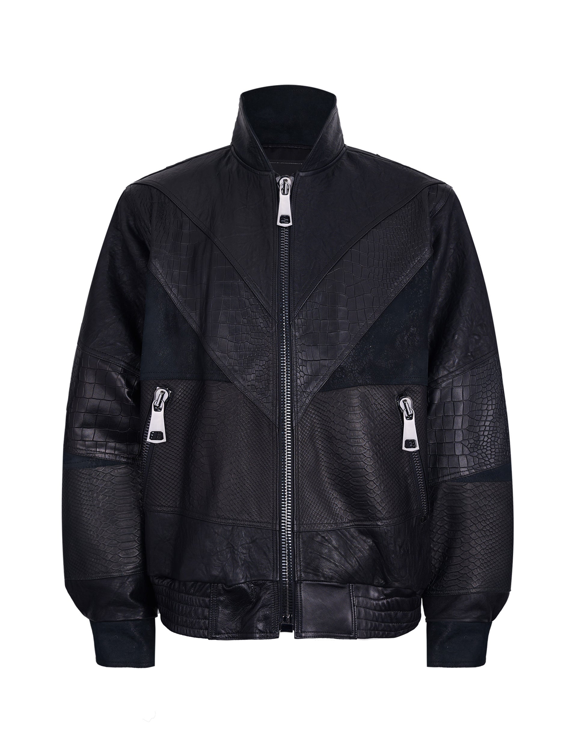 Black Leather Bomber with Mixed-Texture Paneling