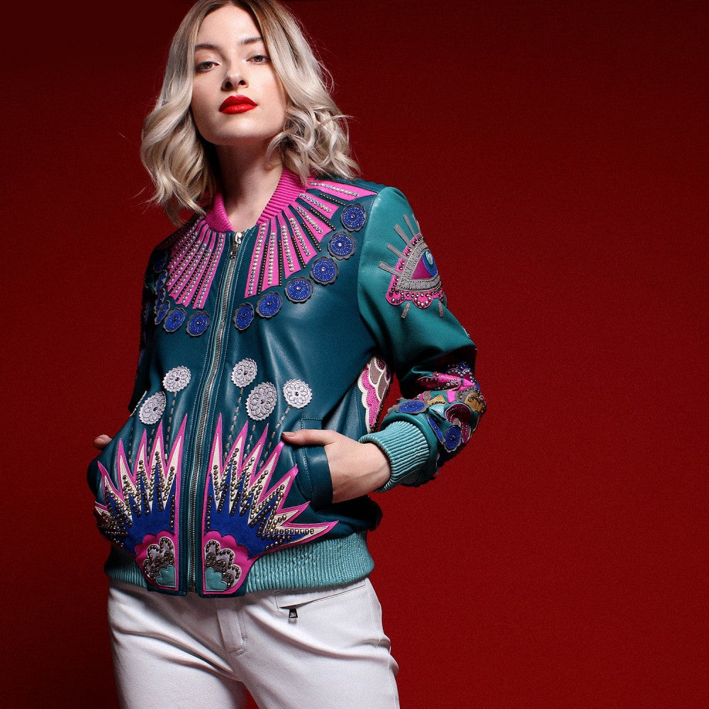 Multicolor Sheepskin Bomber Jacket with Swarovski Details