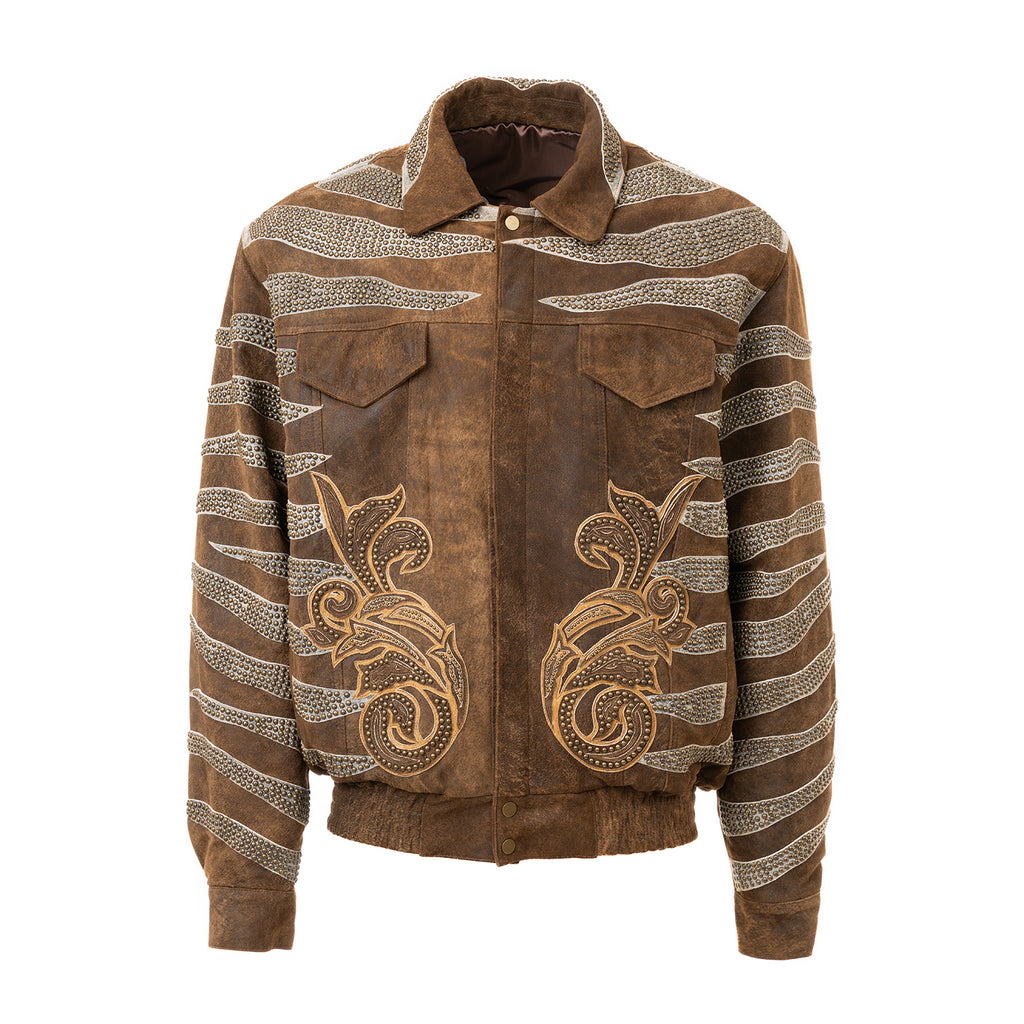 Bronze Leather Bomber with Metallic Inlay Detailing